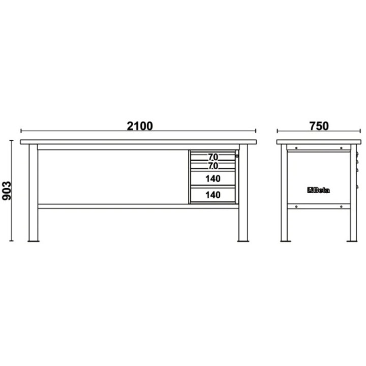 Etabli Beta 2,1m - plan de travail en bois et 4 tiroirs - C58BC-W2,1 058000637