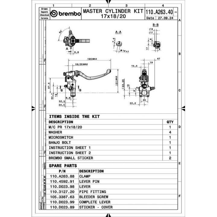Maître-cylindre de frein Brembo UPGRADE Pr17 RCS levier long repliable