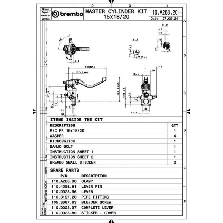 Maître-cylindre de frein Brembo UPGRADE Pr15 RCS levier court repliable