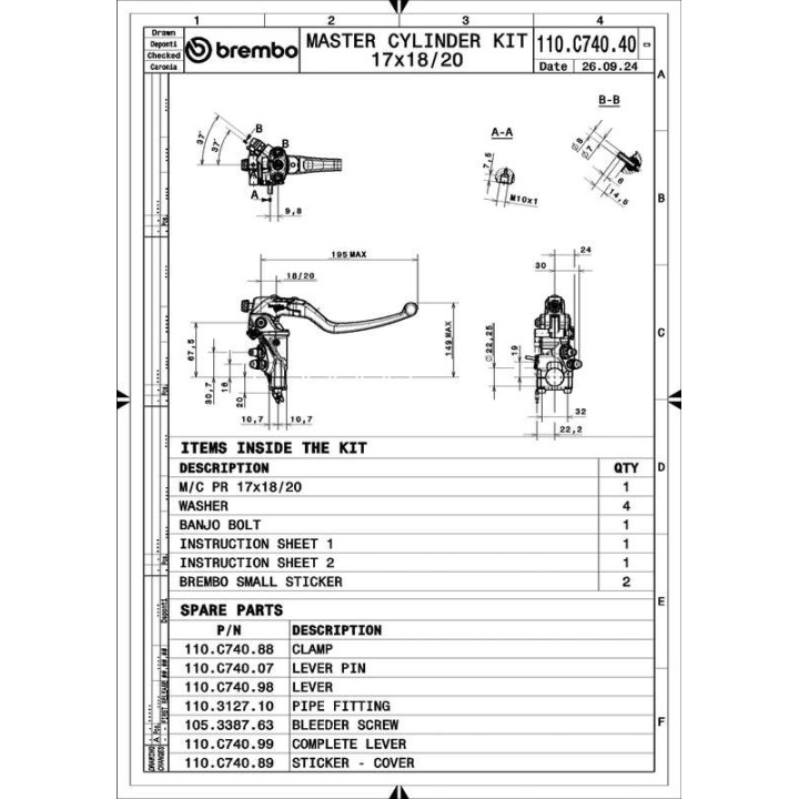 Maître-cylindre de frein Brembo UPGRADE Pr17 RCS Corsacorta levier long repliable