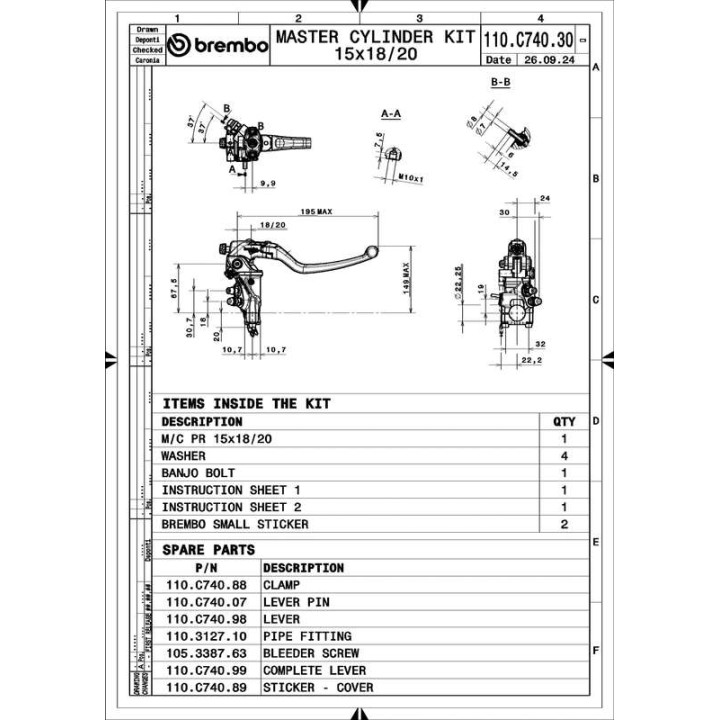 Maître-cylindre de frein Brembo UPGRADE Pr15 RCS Corsacorta levier long repliable