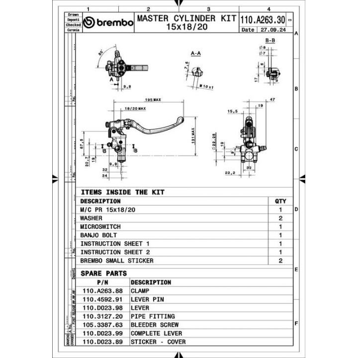 Maître-cylindre de frein Brembo UPGRADE Pr15 RCS levier long repliable