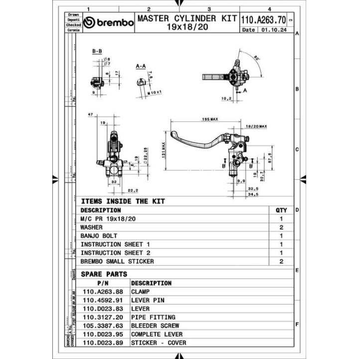 Maître-cylindre d'embrayage Brembo UPGRADE 19RCS (corps forgé) 19x18-20