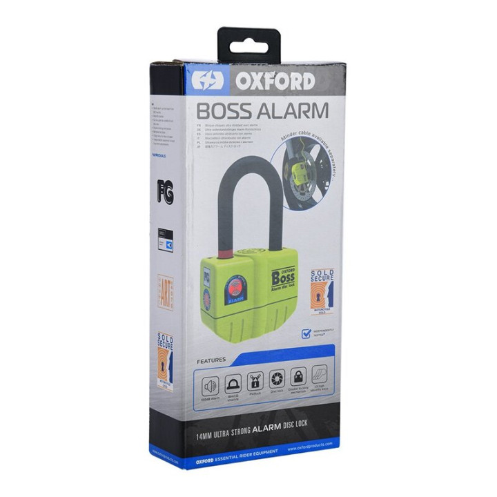 Bloque-disque Oxford Boss Alarm 14 mm avec chaîne 12 mm x 1,2 m - homologué Sold Secure Gold