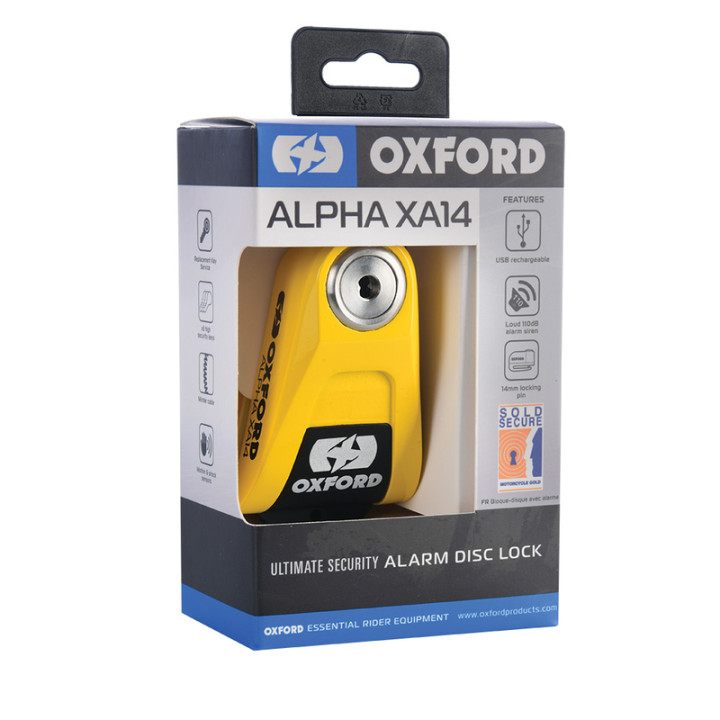 Bloque disque alarme Oxford Alpha XA14 Ø14mm inox noir/jaune - Classe SRA / ART4 / Sold Secure Gold