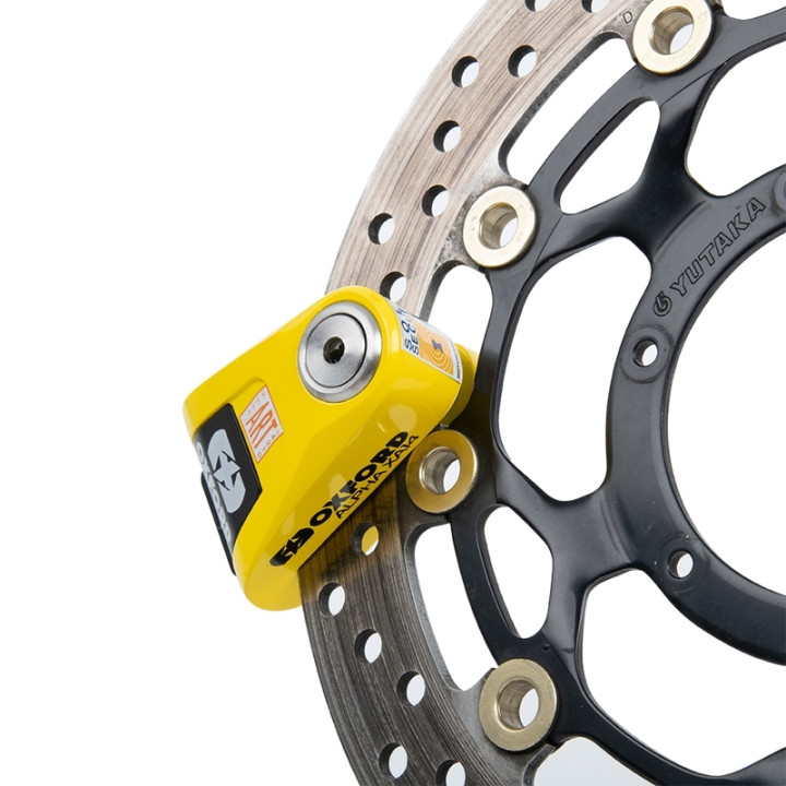 Bloque disque alarme Oxford Alpha XA14 Ø14mm inox noir/jaune - Classe SRA / ART4 / Sold Secure Gold