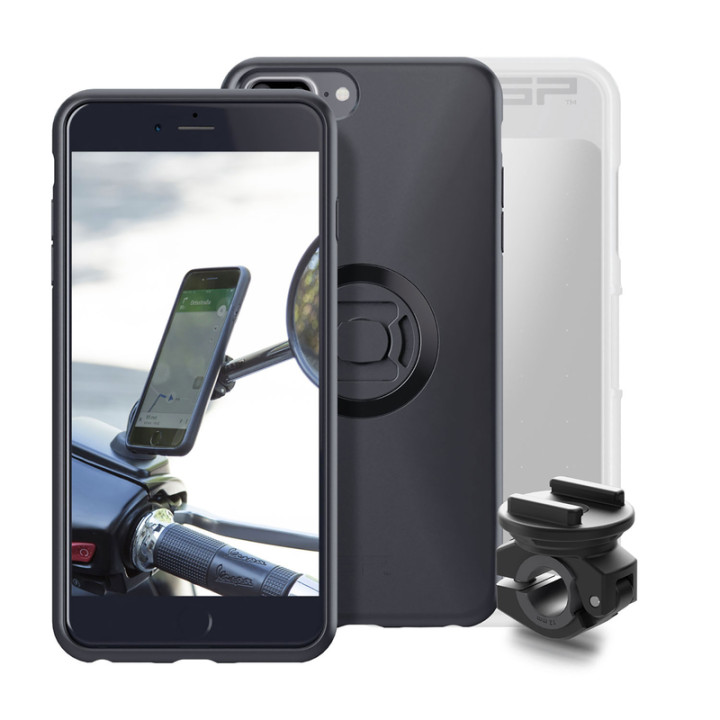 Pack complet Sp-connect Moto Bundle fixé sur rétroviseur iPhone 8+/7+/6S+/6+