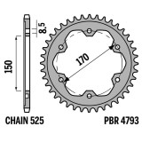 Kit chaîne EK/PBR 525 ZVX3 - 17/44-118 - Couronne acier standard