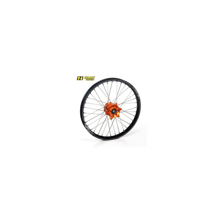 Roue avant complète haan wheels a60 21x1,60x36t jante noir/moyeu orange/rayons noir/têtes de rayons argent
