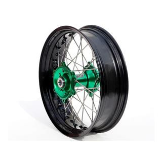 Roue arrière complète ART sm 17x4,50x36t jante noir/moyeu vert/rayons argent/têtes de rayons argent