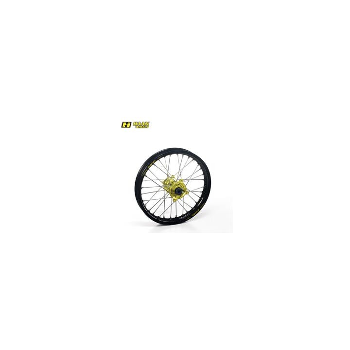 Roue arrière complète haan wheels 17x5,00x36t jante noir/moyeu jaune/rayons noir/têtes de rayons bleu