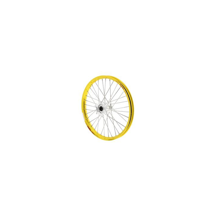 Roue avant complète haan wheels 21x1,60x36t jante jaune/moyeu argent/rayons argent/têtes de rayons argent