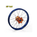 Roue arrière complète haan wheels 17x4,50x36t jante bleu/moyeu orange/rayons noir/têtes de rayons orange