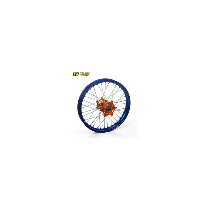 Roue arrière complète haan wheels 17x4,50x36t jante bleu/moyeu orange/rayons noir/têtes de rayons orange