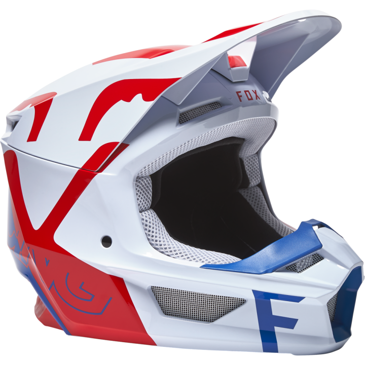 Casque FOX v1 skew blanc/rouge/bleu 2022 | Oxmoto