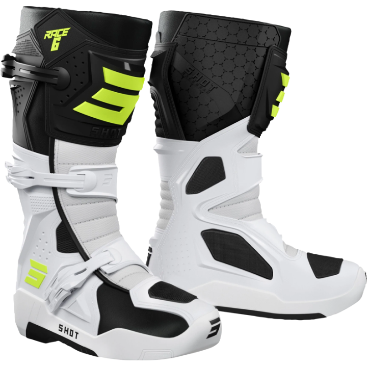 Bottes SHOT race 6 noir/blanc/jaune fluo | Oxmoto