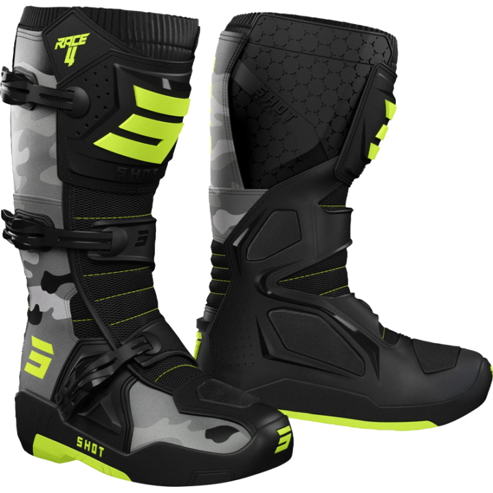 Bottes SHOT race 4 camo/jaune fluo 2026 | Oxmoto
