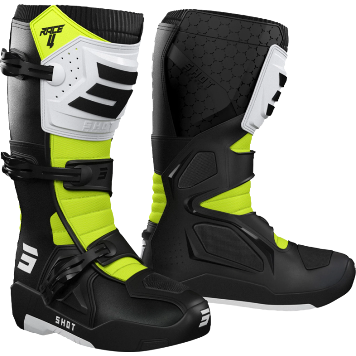 Bottes SHOT race 4 noir/blanc/jaune fluo 2026 | Oxmoto