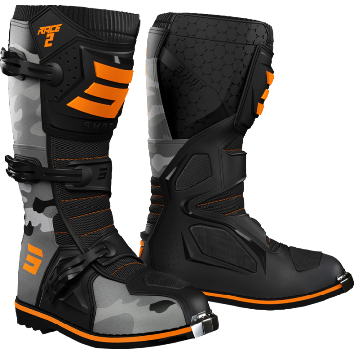 Bottes SHOT race 2 camo/orange fluo | Oxmoto