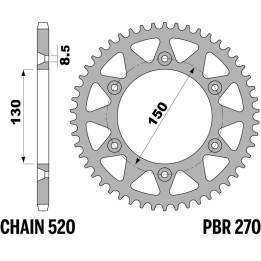 Couronne PBR acier standard 270 - 520 - 43 dents | Oxmoto