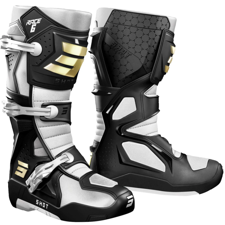 Bottes SHOT race 6 noir/blanc/or 2026 | Oxmoto