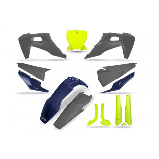 Kit plastiques UFO jaune fluo/bleu/gris - Husqvarna | Oxmoto