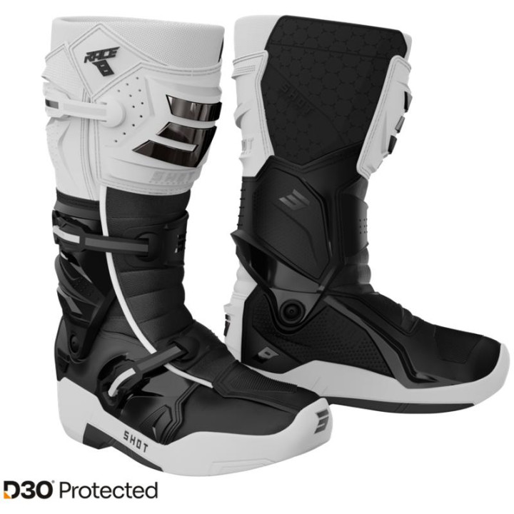 Bottes SHOT race 8 blanc/noir/chrome 2026 | Oxmoto