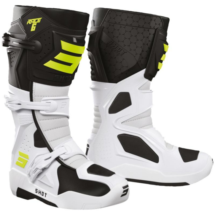Bottes SHOT race 6 noir/blanc/jaune fluo 2026 | Oxmoto
