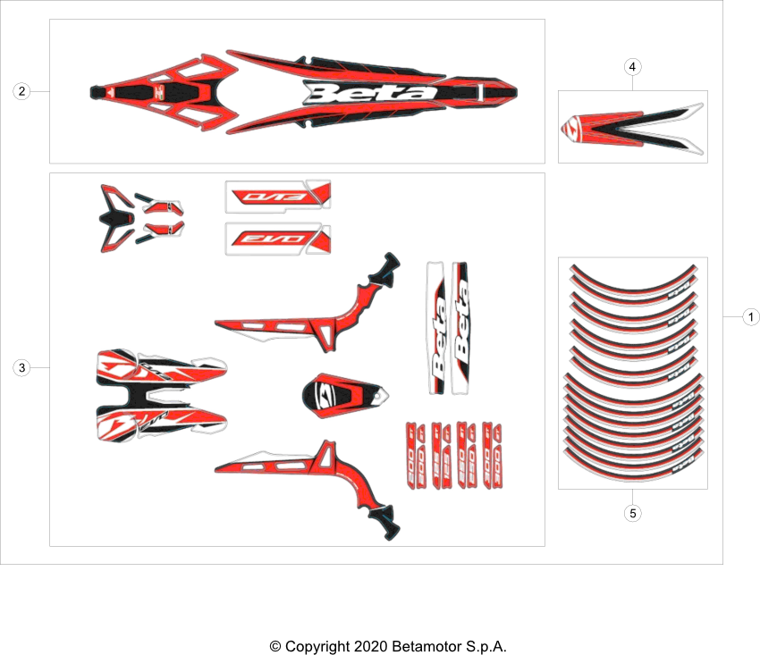 vue éclatée plastiques, réservoir et selle - beta evo 200 2t 2021