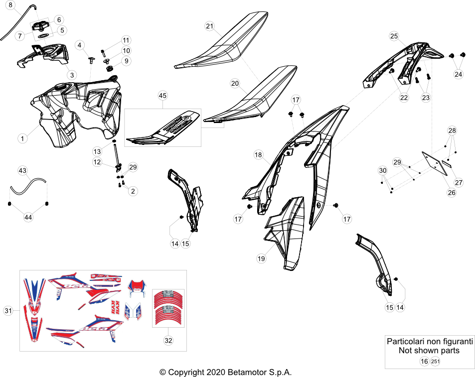 vue éclatée plastiques, réservoir et selle - beta rr 200 racing 2021