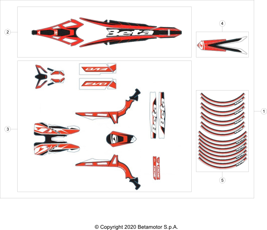 vue éclatée plastiques, réservoir et selle - beta evo 300 4t 2021