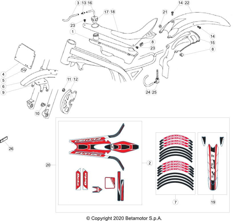 vue éclatée plastiques, réservoir et selle - beta evo 80 junior 2021