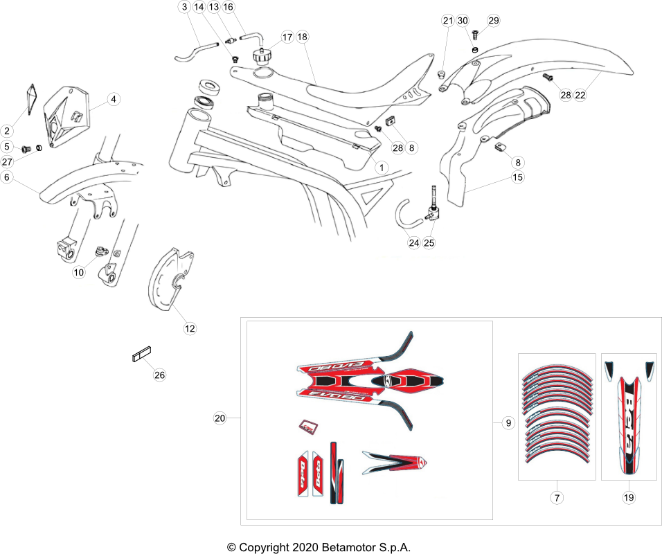 vue éclatée plastiques, réservoir et selle - beta evo 80 senior 2021