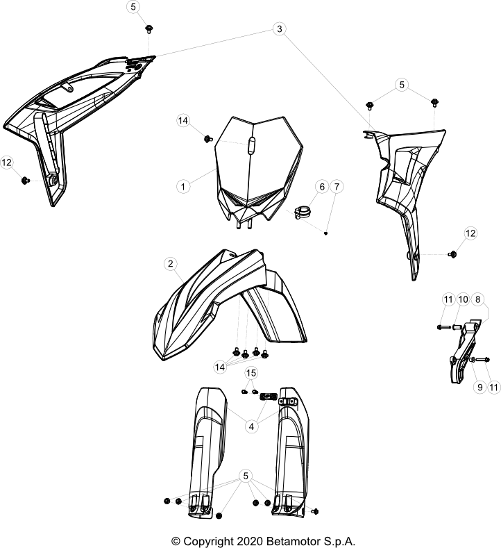 vue éclatée plastiques, réservoir et selle - beta rx 300 2021
