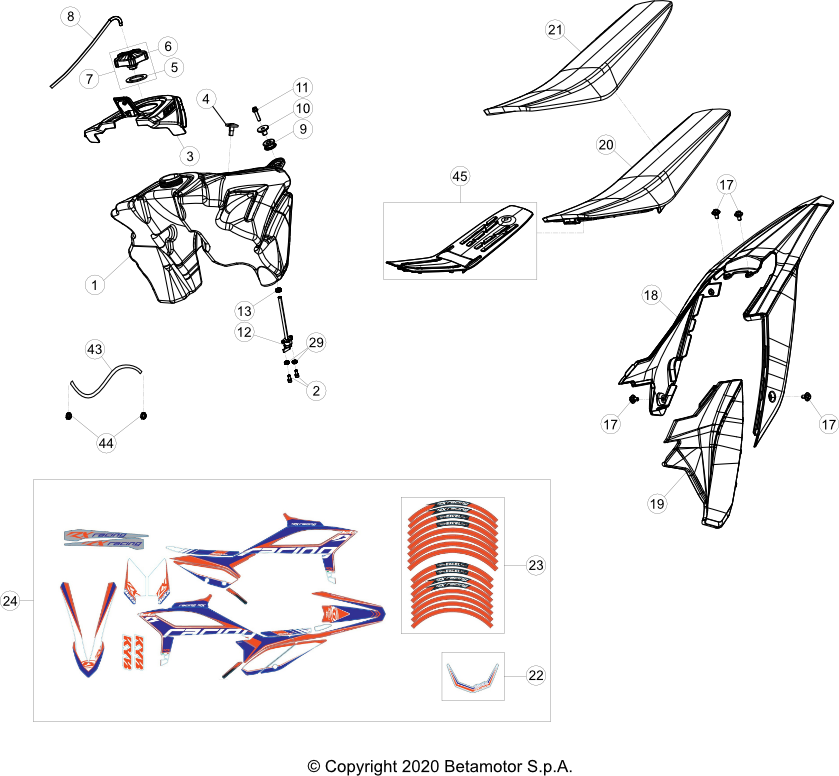 vue éclatée plastiques, réservoir et selle - beta rx 300 2021
