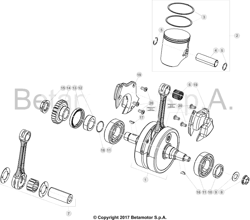 vue éclatée vilebrequin / piston / arbre d’équilibrage - beta x-trainer 250 2018