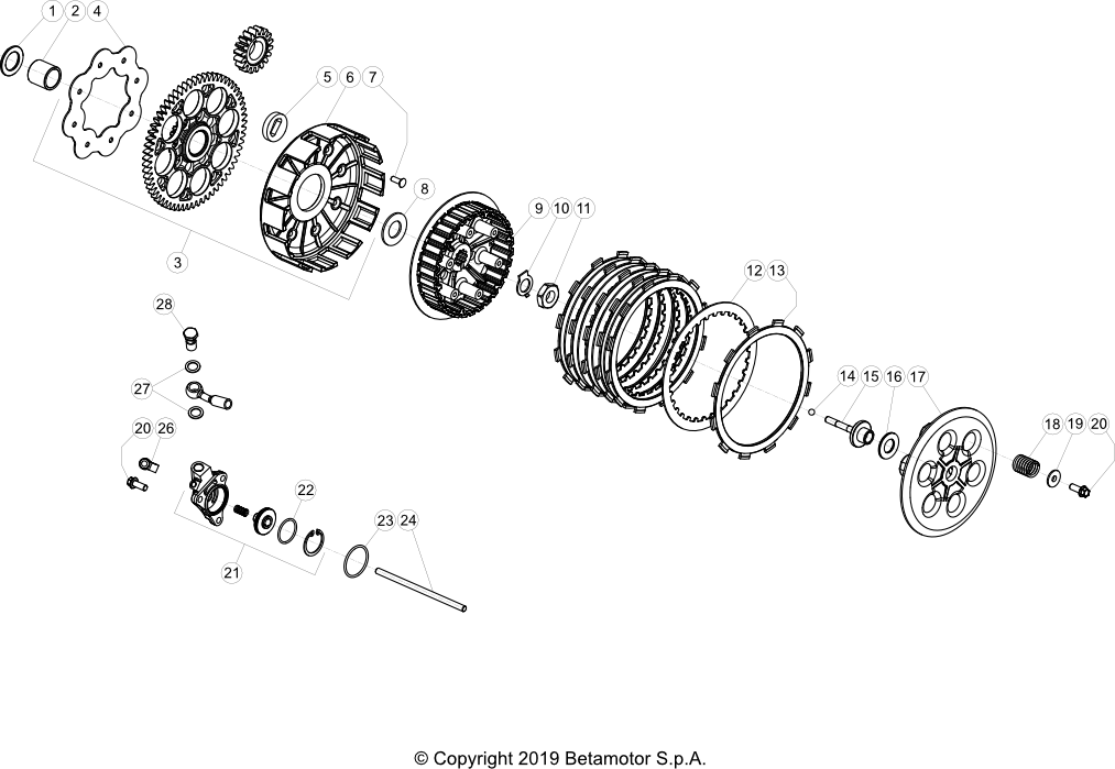 vue éclatée transmission primaire / embrayage - beta evo 300 4t factory 2021