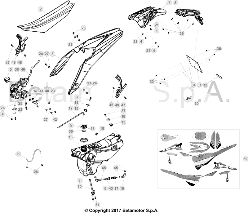 vue éclatée plastiques, réservoir et selle - beta x-trainer 250 2019