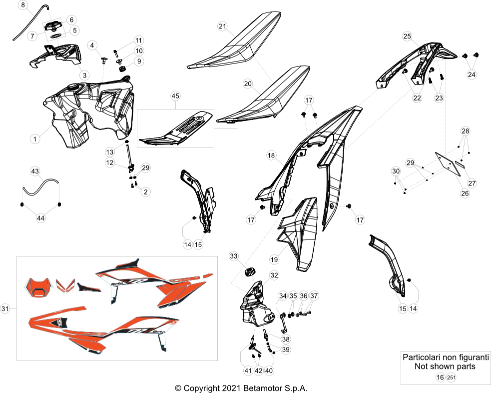 vue éclatée plastiques, réservoir et selle - beta rr 200 2022