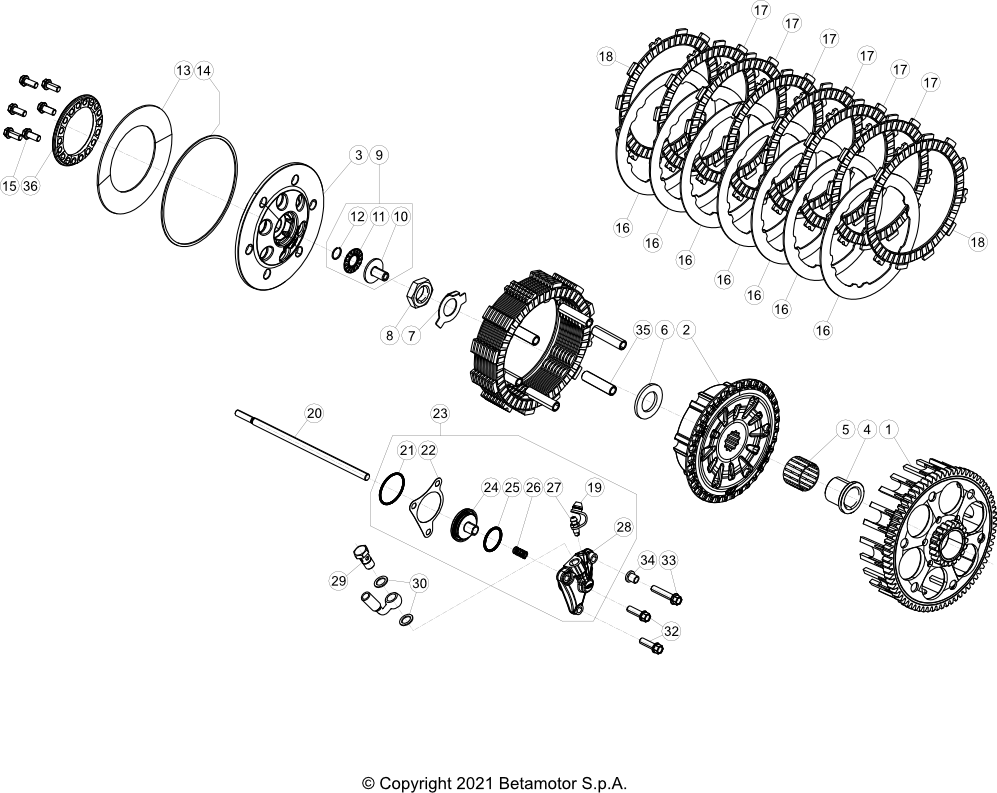 vue éclatée transmission primaire / embrayage - beta rr 250 2022