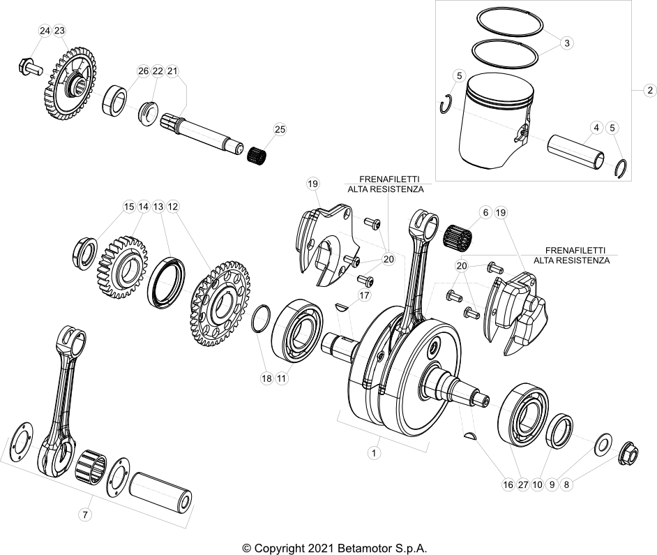vue éclatée vilebrequin / piston / arbre d’équilibrage - beta rr 250 2022