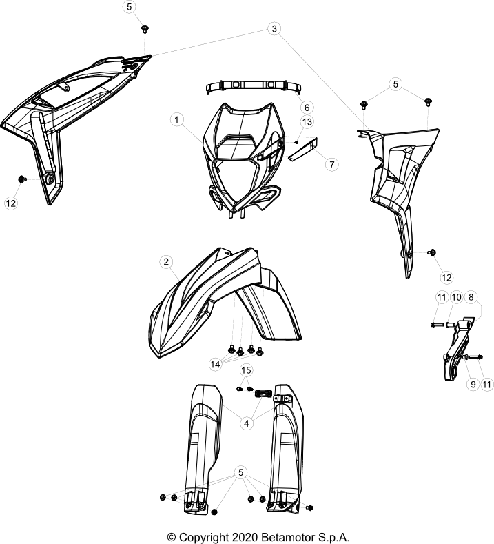 vue éclatée plastiques, réservoir et selle - beta rr 350 2022