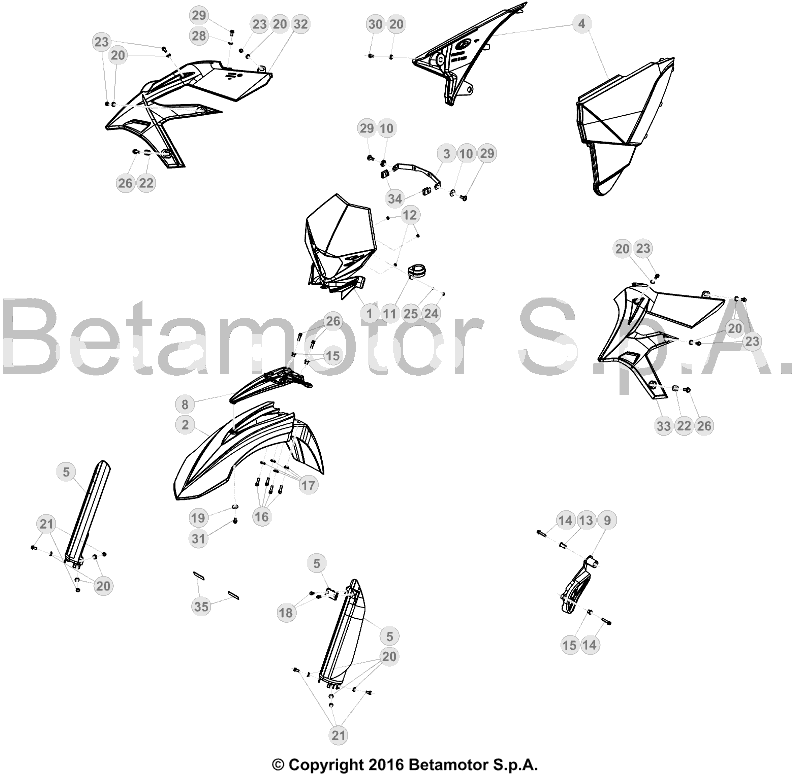 vue éclatée plastiques, réservoir et selle - beta x-trainer 300 2017