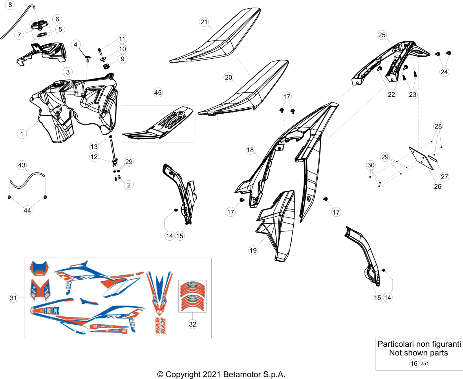 vue éclatée plastiques, réservoir et selle - beta rr 300 racing 2022