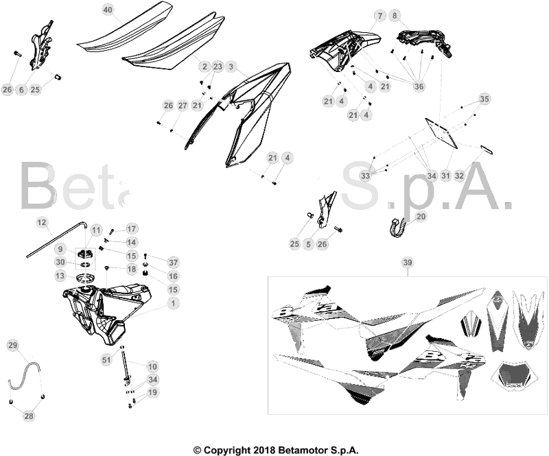 vue éclatée plastiques, réservoir et selle - beta rr 125 2018
