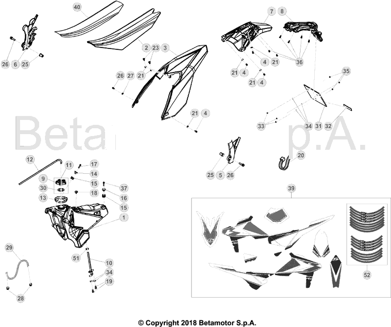 vue éclatée plastiques, réservoir et selle - beta rr 125 2019