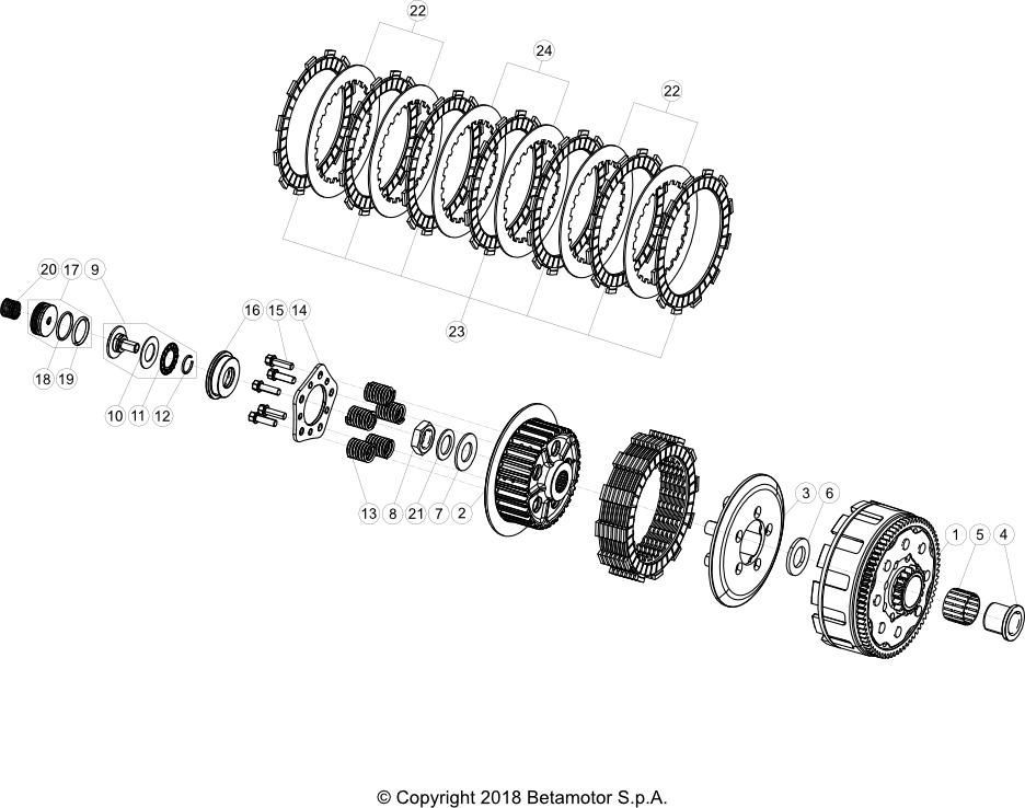vue éclatée transmission primaire / embrayage - beta rr 125 2020