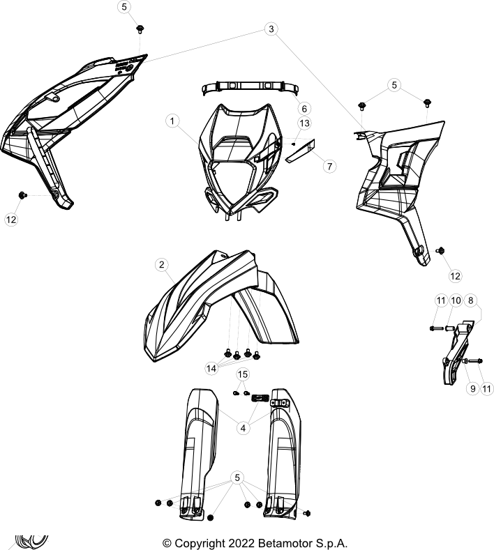 vue éclatée plastiques, réservoir et selle - beta rr 350 2023