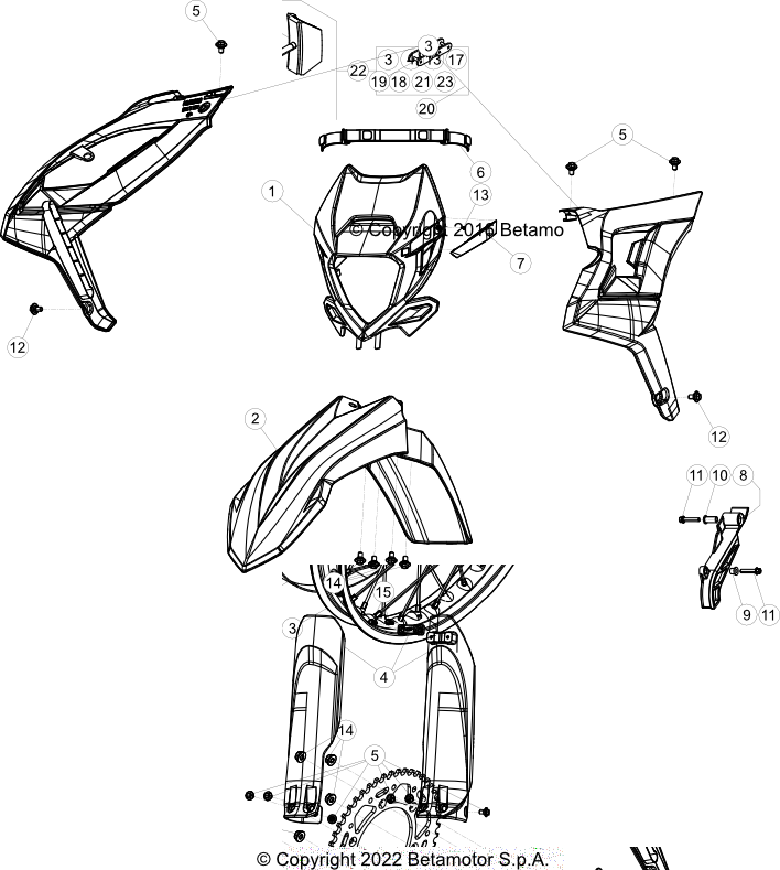 vue éclatée plastiques, réservoir et selle - beta rr 390 2023