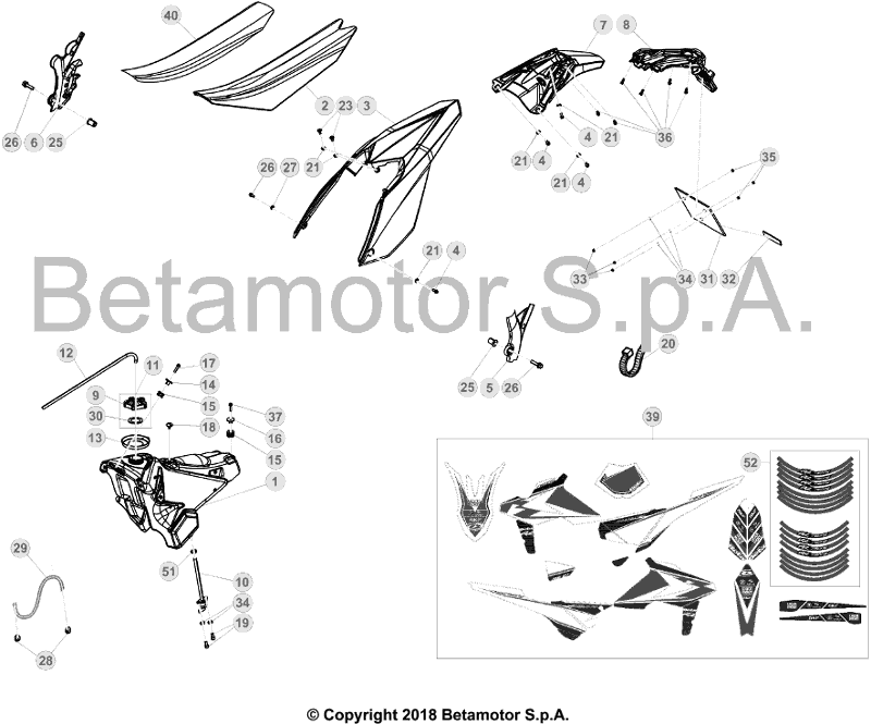 vue éclatée plastiques, réservoir et selle - beta rr 125 racing 2019